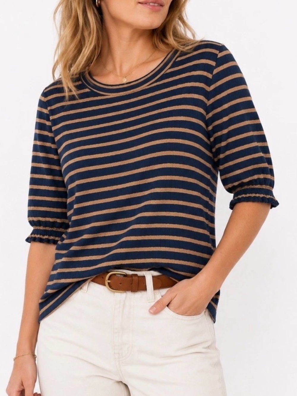 Lucky Brand Navy and camel Striped Women's Top- large